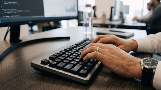 Side angle shot of a male professional typing on a computer keyboard with modern software code visible on the monitor in a bright office space.