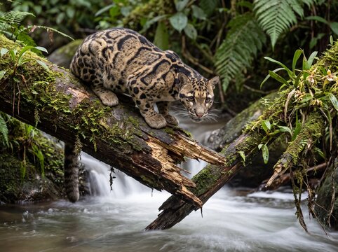 Stealthy Clouded Leopard Crouches on Mossy Tree Branch Over Flowing Forest Stream, Lush Greenery Background