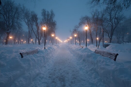 Cleared path leading through snow laden park with distant benches and lamp posts symbolizing journey and quiet urban winter concept for peaceful city landscape and serene seasonal outdoor scenery.