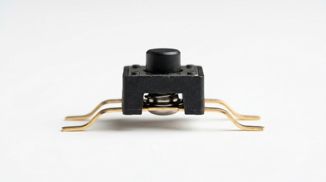 Macro side view of a small tactile electronic push button switch.