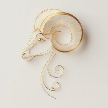 Aries ram symbol rendered in elegant single continuous gold line art on pure white background, modern minimalist design with flowing curves, zodiac perfect for astrology horoscope branding concept.
