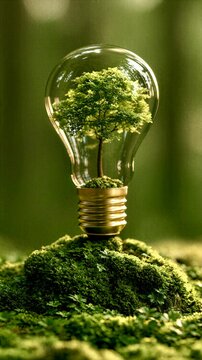 Tree growing inside a light bulb stands on green moss in a forest setting