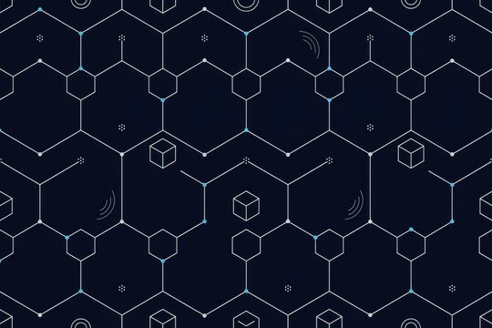 Abstract seamless pattern with interconnected hexagonal grid lines, small glowing nodes, and floating cubes on a dark navy blue background texture