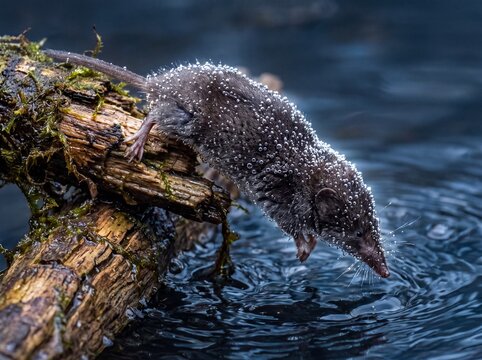 Tiny shrew with water droplets clings to mossy log before diving into rippling river water, close-up wildlife action shot