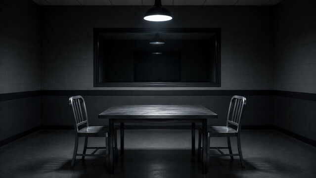 A dimly lit interrogation room with two metal chairs facing each other across a plain table.