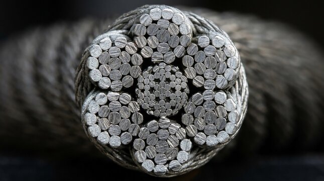 Macro view of a steel wire rope cross section.