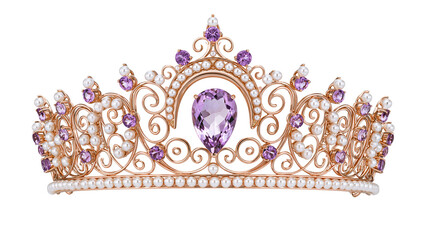 Ornate rose gold tiara with amethyst and pearls, isolated on transparent background © Piotr