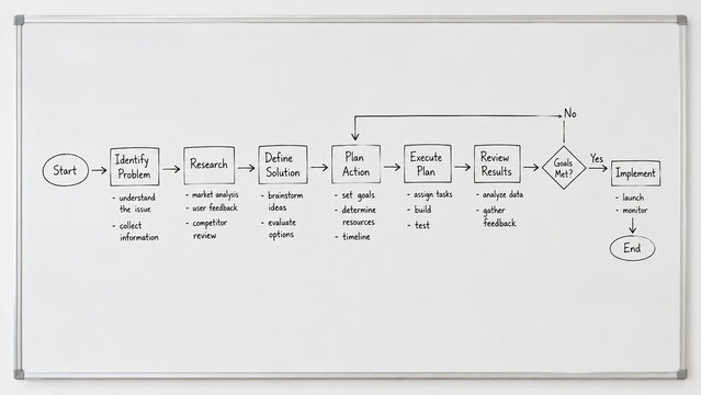 A process flowchart on a whiteboard outlining steps from identifying a problem to implementing a solution.