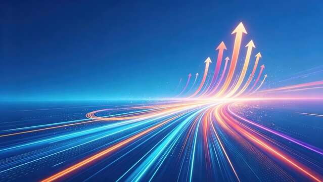 Converging speed light trails with rising arrow clusters and colorful streamline tracks on deep blue cyberspace background for tech growth concept
