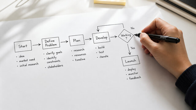A hand draws a flowchart outlining steps for project development from defining a problem to launching and gathering feedback.