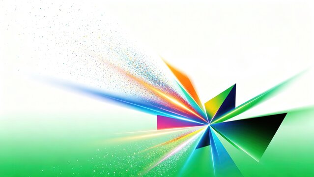 Modern abstract geometric star with rainbow holographic facets and diagonal light bursts leaving blank space on upper left for corporate event branding