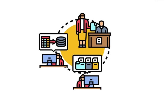 Vector showing individuals submitting documents, processing information into a database, and organizing digital files within an office administration system