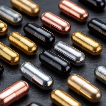 Metallic finish vitamin capsules arranged in a geometric pattern on matte black slate. Biohacking nutrition, high performance lifestyle, precision supplementation and modern health optimization.