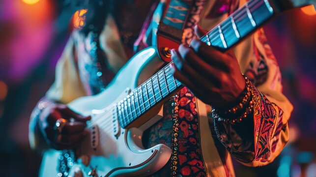 Close up of a young Indian man playing an electric guitar on stage, wearing a shirt with traditional motifs, blending modern music performance with cultural identity and creative expression at night.