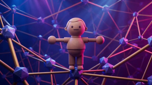 サイバー空間のネットワーク背景で両手を広げるクレイアニメ風マスコットキャラクターの3Dアニメーション