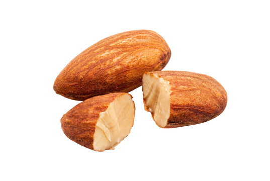 Whole and split almonds showing inner core texture