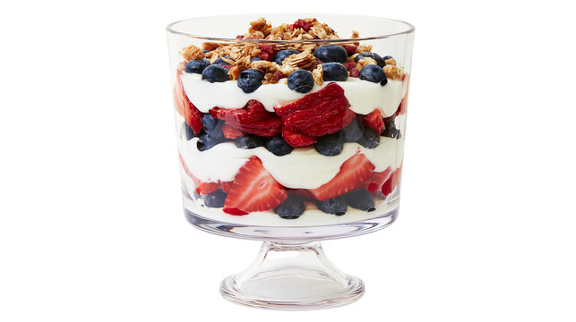 Layered berry and cream parfait with granola, isolated on transparent background