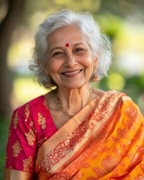 Elegant senior Indian woman wearing a modern saree and laughing in a sunny garden, authentic aging portrait showing joy, confidence and beauty in later life, celebrating positive longevity.