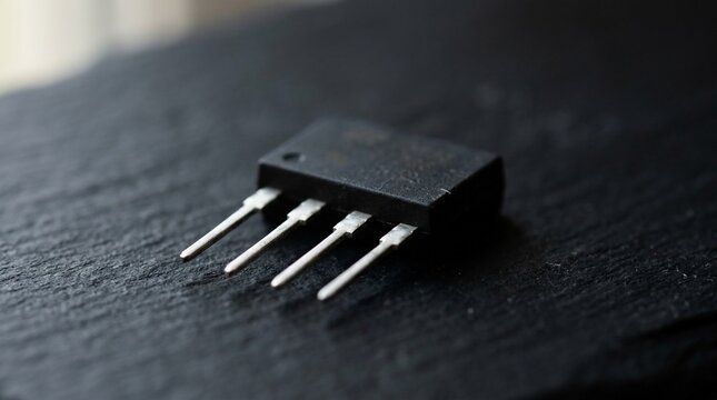Macro view of an electronic transistor component on dark surface.