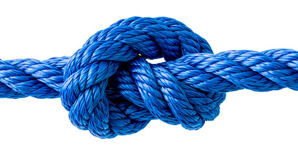 Thick blue rope tied in a complex knot, isolated on transparent background © Piotr