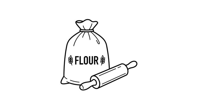 Line art illustration of a sack of flour and a wooden rolling pin.