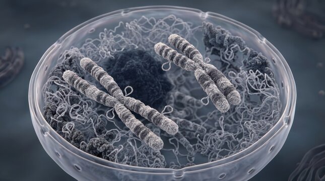 Cellular structure with visible chromosomes undergoing division process scientific visualization