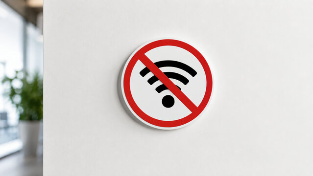 Sign showing no Wi-Fi allowed or Wi-Fi disabled, mounted on a white wall in a modern indoor setting.