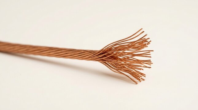 Macro view of frayed copper wire strands on white background.