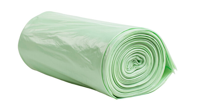 Roll of light green plastic garbage bags, isolated on transparent background