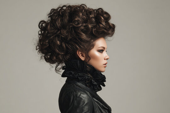 Model with voluminous hair styled. High cranial top silhouette, popular C-beauty standard for smaller face appearance, luxury hair styling concept for salon volume product and professional service.