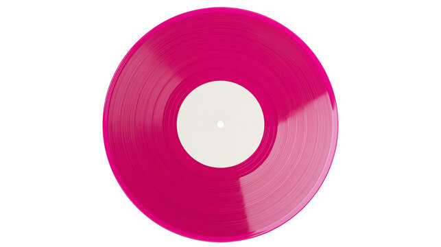 Vibrant pink vinyl record with white label, isolated on transparent background