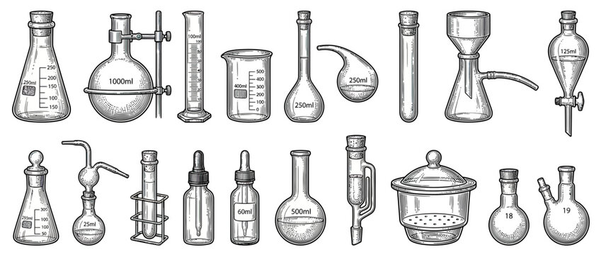Collection of vintage laboratory glassware on transparent background