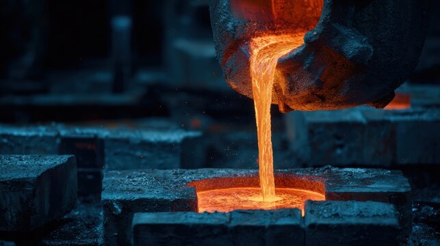 Liquid molten copper metal being poured into casting mold with glowing orange heat in dark industrial setting, metallurgy manufacturing foundry process for metal production and industrial fabrication.