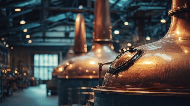 Copper distilling vats in craft brewery with shiny metallic surfaces, industrial equipment for distillery alcohol production beverage manufacturing and traditional artisan brewing fermentation process