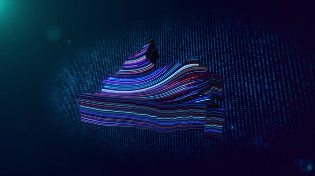 A glowing Colombia map gradually reveals through colorful flowing neon lines over a deep blue particle grid, creating a dimensional futuristic geographic technology animation.