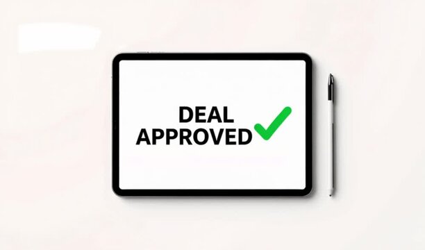 Black tablet lying on a light surface displaying "DEAL APPROVED" in large letters with a green checkmark, a black stylus beside it. 4K video