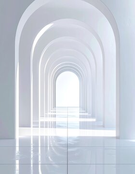 A long, bright corridor with repeating arches and a reflective floor.
