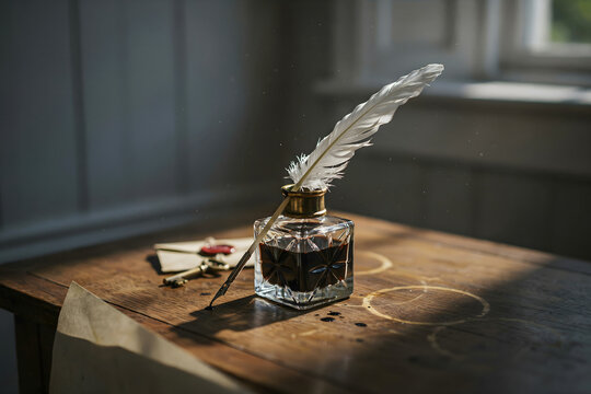 Antique writing setup with a glass inkwell, a white feather quill, a wax-sealed envelope, and a brass key on a dark wooden desk in soft light