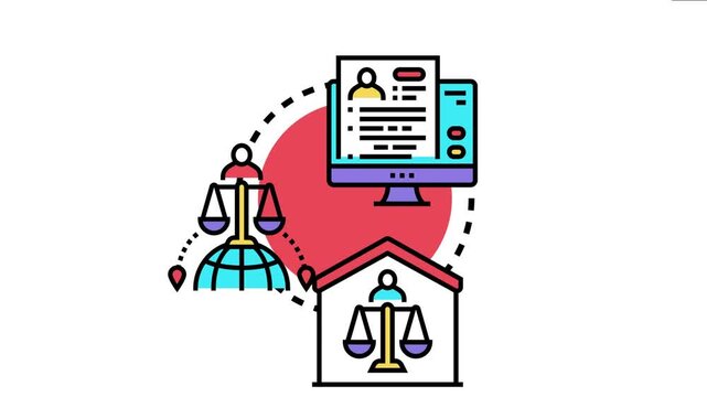 People interacting with a computer displaying a document form, representing global justice, legal processes, and the finalization of important decisions within a structured system