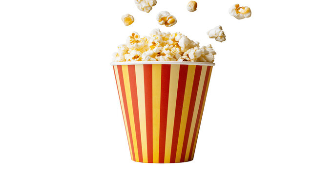 Red and yellow striped bucket overflowing with popcorn, isolated on transparent background