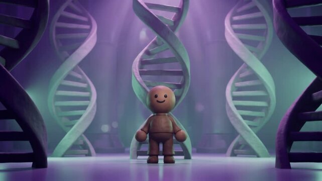 巨大なDNAの二重らせんがそびえるバイオラボで、うつむき姿勢から立ち直り前を向くクレイ風マスコットの3D動画