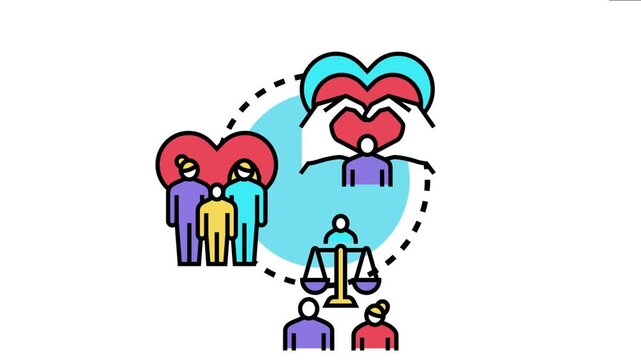 Adoption agreement symbolizing family growth and legal finalization, bringing together embracing hands, a happy family unit, a legal scale, and people