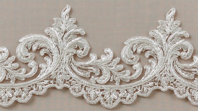 Ornate white lace trim exhibits elaborate floral and leaf patterns.