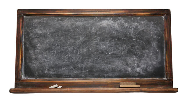 Old wooden framed chalkboard with chalk pieces and eraser, isolated on transparent background