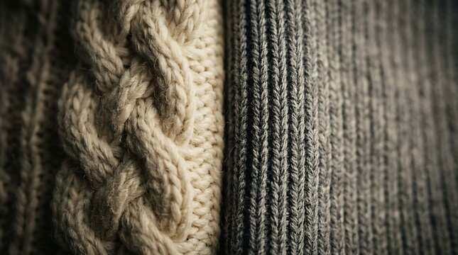 Close up of cream cable knit and grey ribbed wool fabric