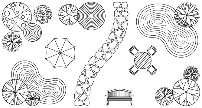 Landscape architecture site plan symbols with trees and stone path vector illustration