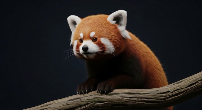 Red panda perched on a tree branch against dark background