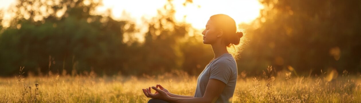 Serene outdoor meditation with person peacefully sitting with eyes closed in natural environment symbolizing relaxation, eye health and wellness through mindful rest