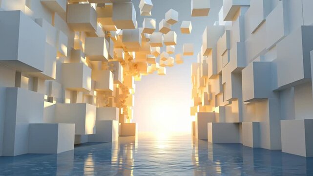 Abstract Cube Corridor Opens Toward Warm Light / 抽象的な立方体の回廊が暖かな光へ開く