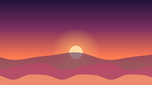 Desert sunset landscape with sun rising over sand dunes purple orange gradient sky vector illustration